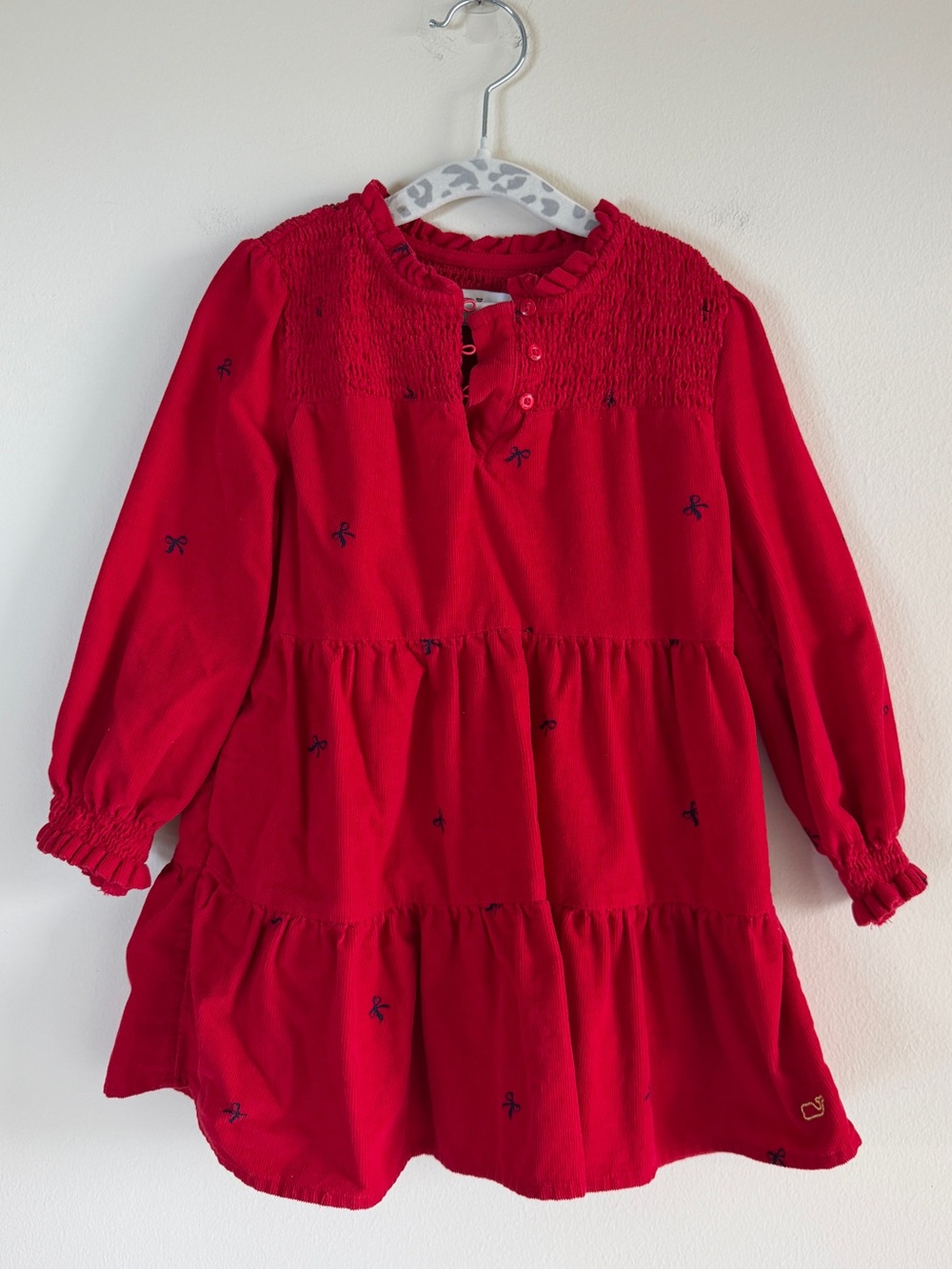 Vineyard Vines Girls Red Corduroy Bow Print Smocked Tiered Dress Size 3T